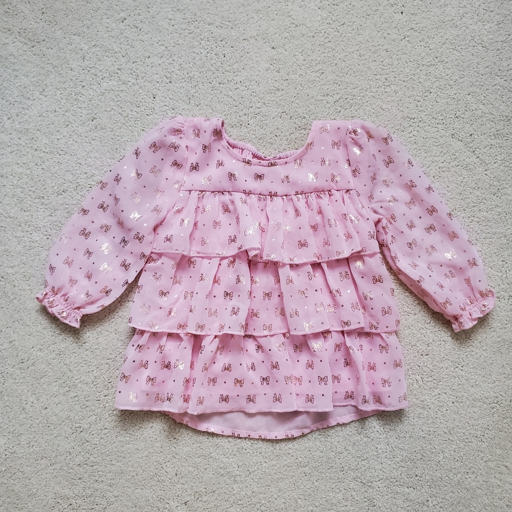 Baby Girls Pink Tierred Ruffle Metallic Bow Top Shirt sz12m